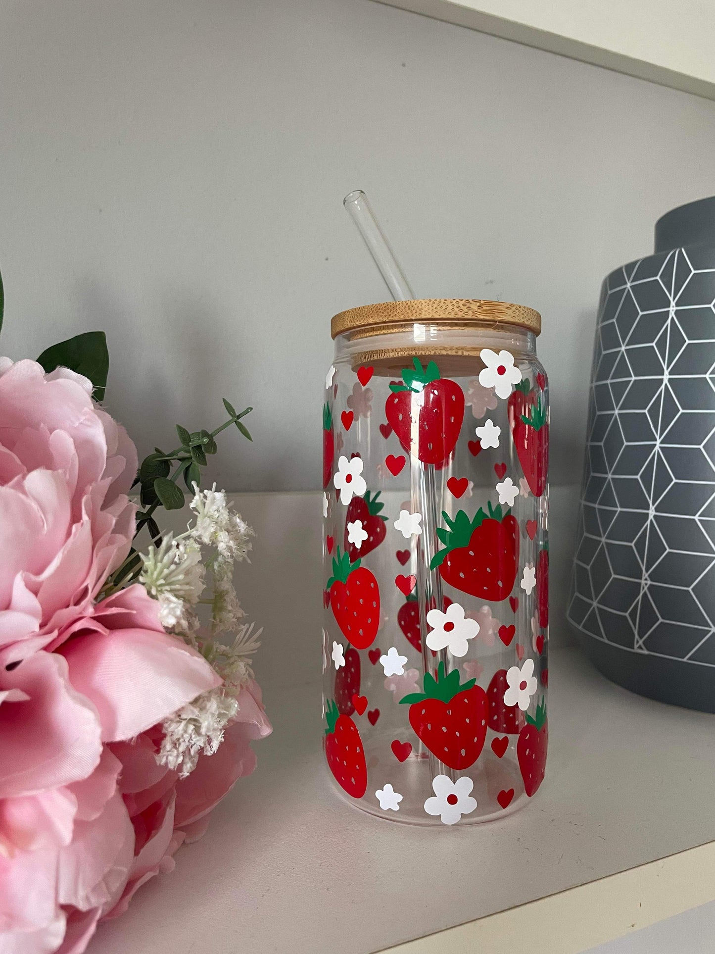 Personalised Strawberry & Flower Glass Can