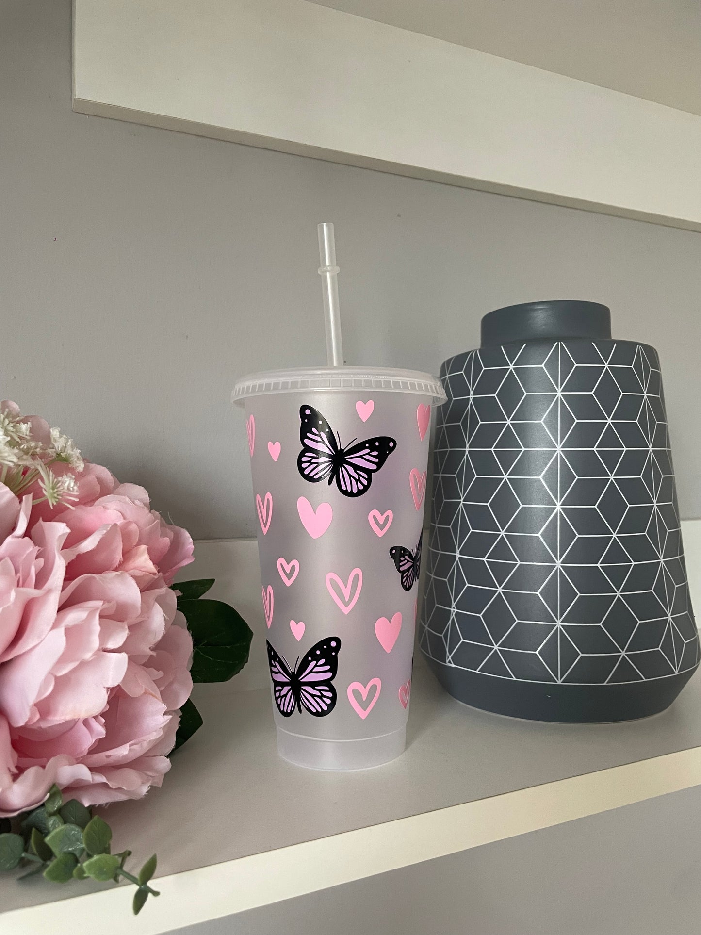 Personalised Butterfly & Heart design cold cup