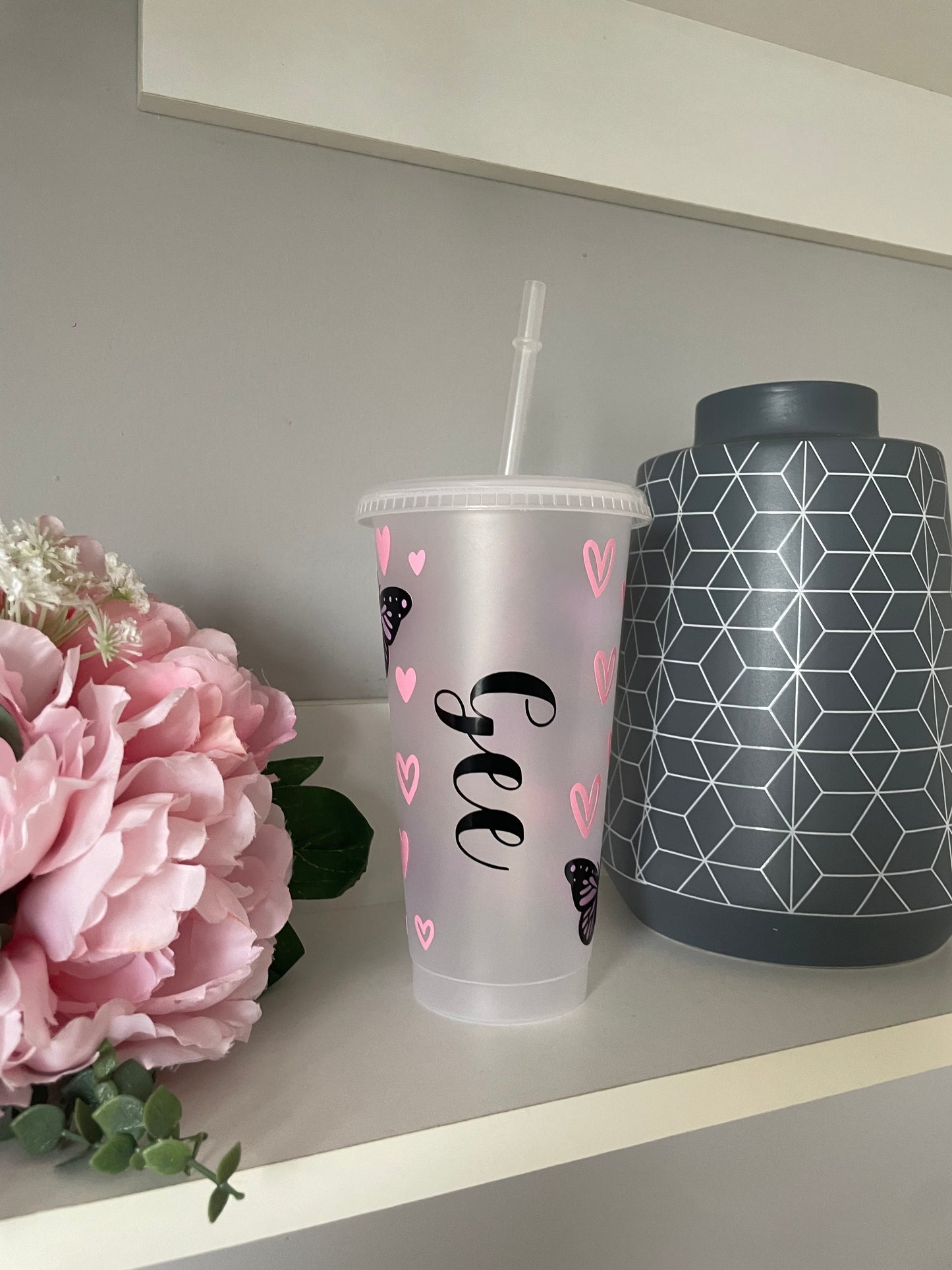 Personalised Butterfly & Heart design cold cup