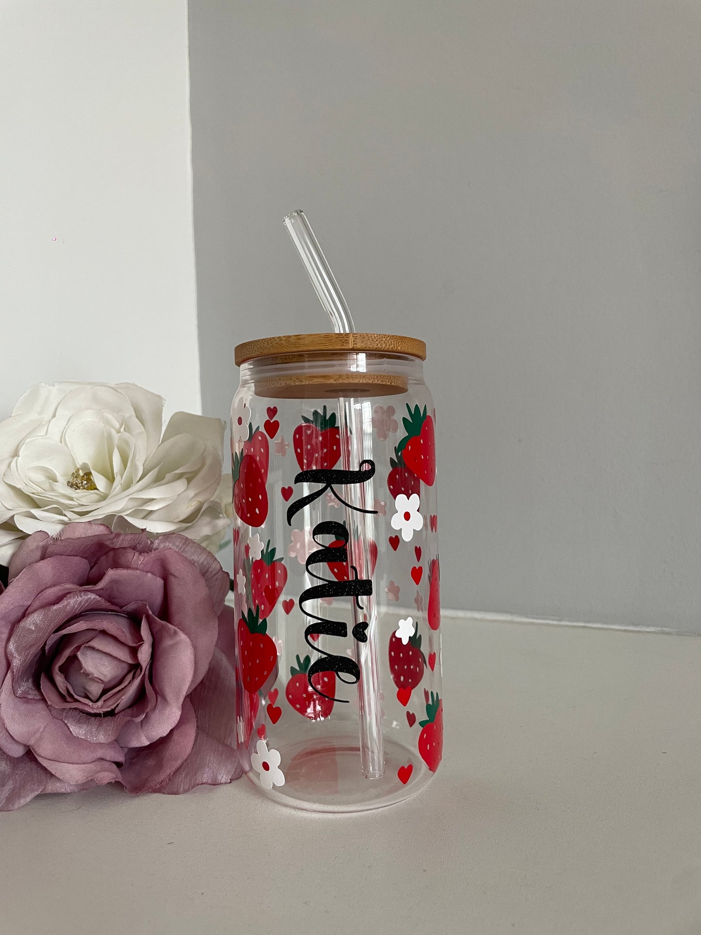 Personalised Strawberry & Flower Glass Can