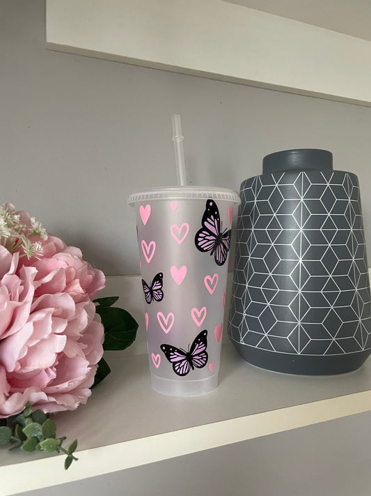 Personalised Butterfly & Heart design cold cup