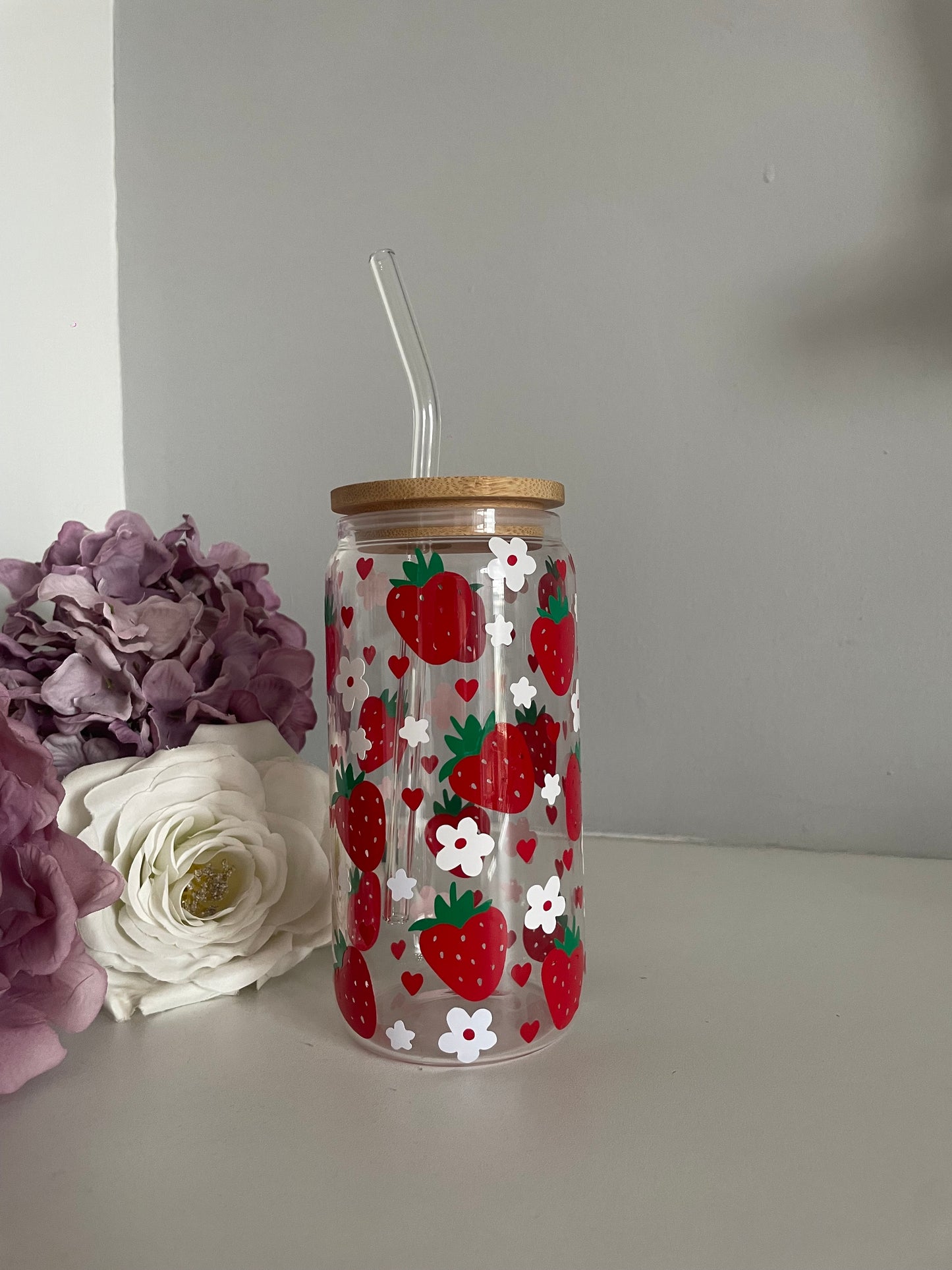 Personalised Strawberry & Flower Glass Can