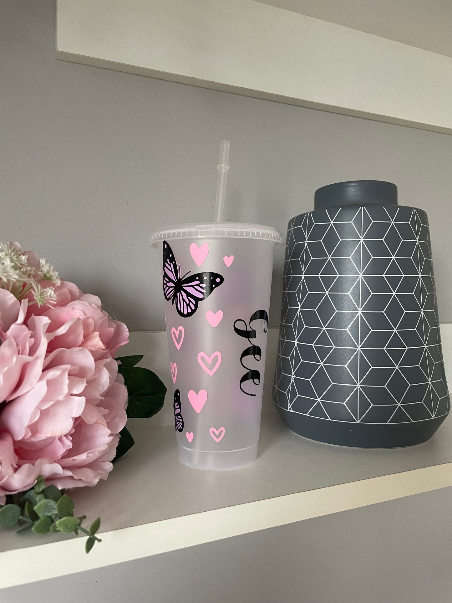 Personalised Butterfly & Heart design cold cup