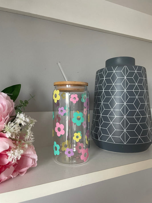 Personalised Retro Flowers Glass Can