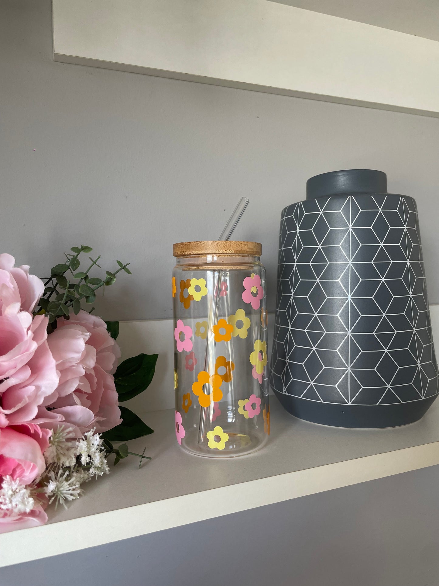 Personalised Retro Flowers Glass Can